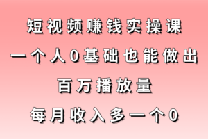 短视频赚钱实操课，一个人0基础也能做出百万播放量，每月收入多一个0