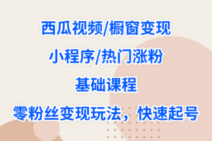 西瓜视频+橱窗变现+小程序+热门涨粉+基础课程，零粉丝变现玩法，快速起号
